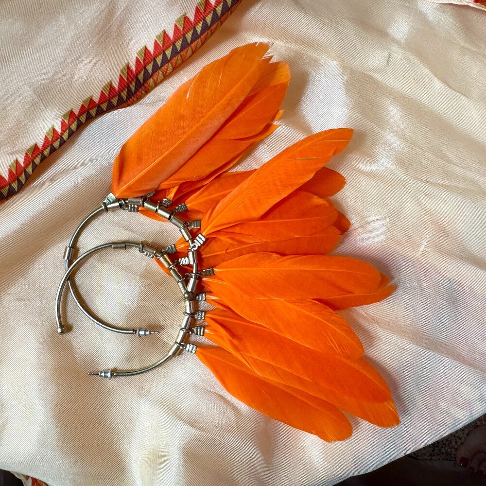 Bold Orange Feather Hoop Earrings | Festival Boho Statement Jewelry